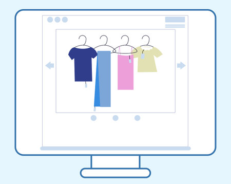 Online shopping in a clothing store via a computer, a computer monitor with an open website page. The concept of safe fast shoppingのイラスト素材