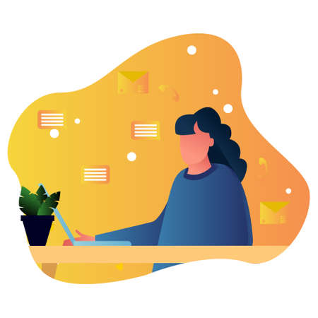 Young woman working On Laptop, Freelance or studying concept. Cute trendy illustration in flat style.のイラスト素材