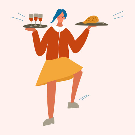 A cute funny waitress stands with trays of champagne and chicken, a waitress with food. Cute character drawn by handのイラスト素材