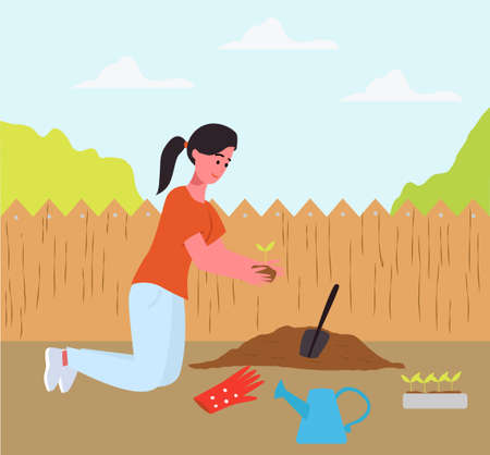 the girl works in the garden, planting flowersのイラスト素材
