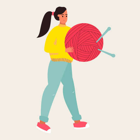 Cute girl holding a large ball of yarn with knitting needles, knitting, hobbyのイラスト素材