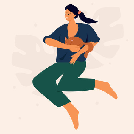 Girl sitting with a small kitten in her arms, love for animals, petのイラスト素材