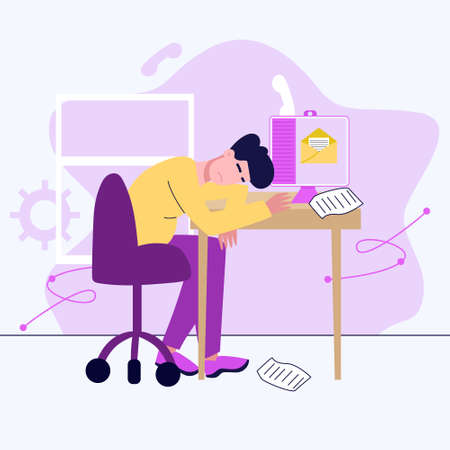 Tired employee sleeping at workplace on laptop keyboard. Frustrated worker, mental health problems.のイラスト素材