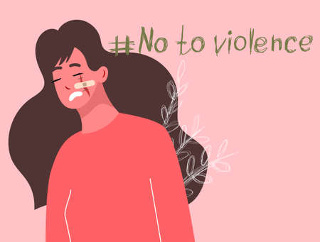 A girl with a wound on her cheek covered with a bandage, a girl subjected to domestic violence, the concept of no violenceのイラスト素材