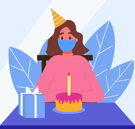 Girl celebrates birthday alone during pandemic, cake with candleのイラスト素材