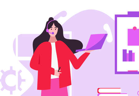A girl with headphones and a laptop in her hands holds a conference, a presentation to colleagues. Business woman sums up work, working meetingのイラスト素材