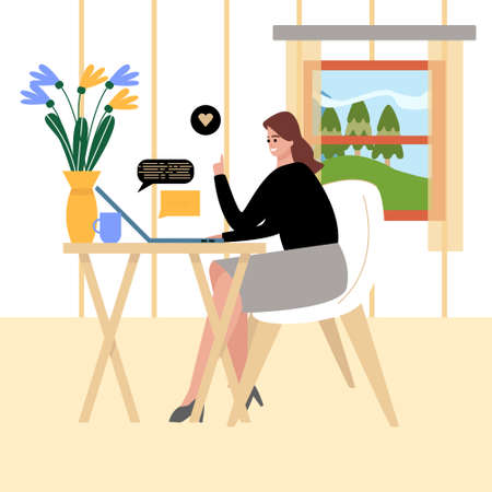 Freelance woman with laptop sitting on the chair at the table. Freelance or studying concept.のイラスト素材