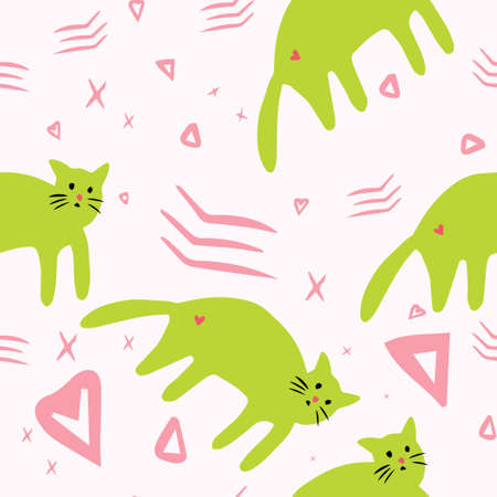 Cute baby pattern with green cats, hearts and abstract spots. Seamless pattern for kidsのイラスト素材