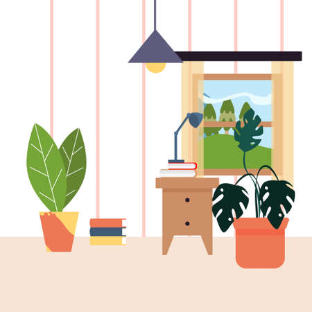 Vector interior of a room with a bedside table, window, potted flowers and books, cozy interiorのイラスト素材