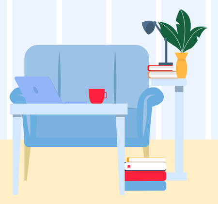 Cute vector interior with sofa, desk and computer. Room, living room without peopleのイラスト素材