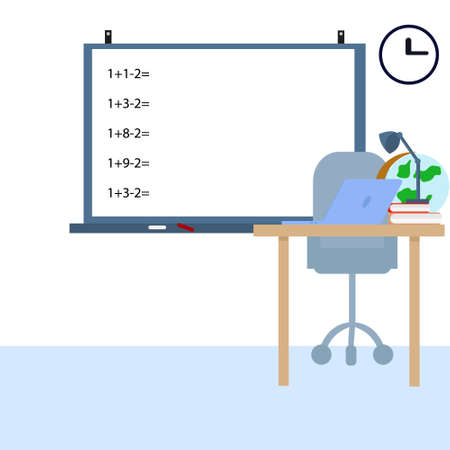Classroom teacher's workplace, school board. Desktop, Laptop, Desktop Globeのイラスト素材