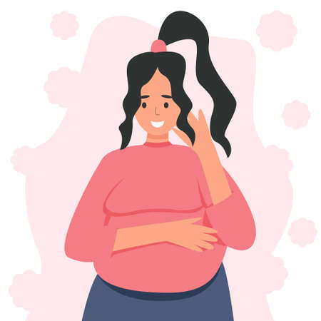 Flat cute colorful vector illustration of pregnant brown hair womanのイラスト素材