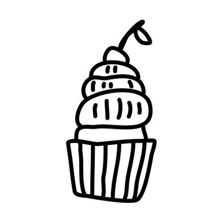Single hand-drawn cupcake for children's illustration. Doodle vector illustration. Isolated on a white background, black and white graphicsのイラスト素材