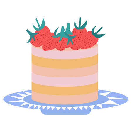 Cute vector cake hand drawn in doodle style decorated with strawberries