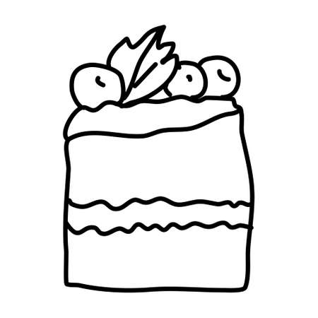 One hand-drawn piece of cake with berries .Doodle vector illustration. Isolated on a white background, black and white graphicsのイラスト素材