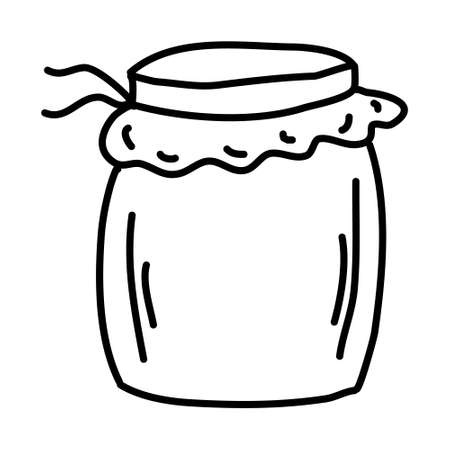 One hand-drawn jam jar. Doodle vector illustration. Isolated on a white background, black and white graphicsのイラスト素材