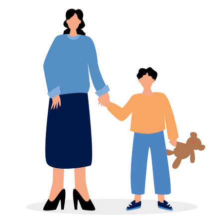 Vector illustration. Mother stands with her son. The boy is holding a typewriter on a bearのイラスト素材