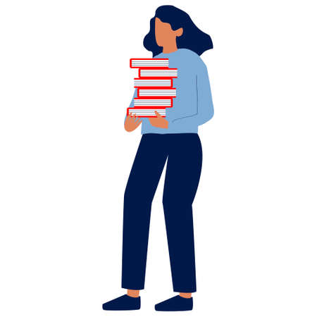 The girl is holding a stack of books. Student, schoolgirl.のイラスト素材