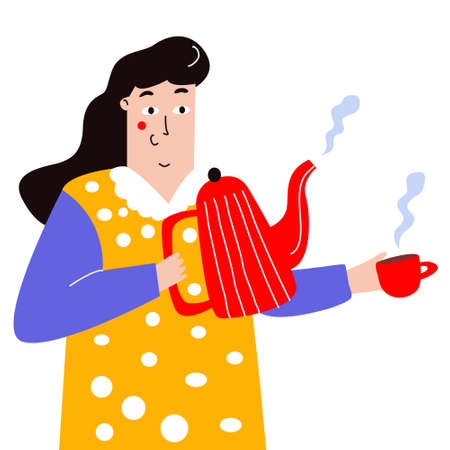 A young girl holds a teapot and a mug with a hot drink in her hands. The girl pours hot tea. Stylized character drawn by hand.のイラスト素材