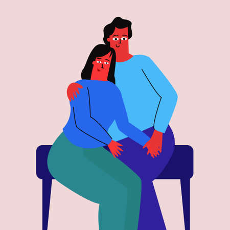 a couple in love is sitting hugging on a bench. a man embraces a woman. a couple in love, a married couple, a couple of friends. vector character in a flat styleのイラスト素材