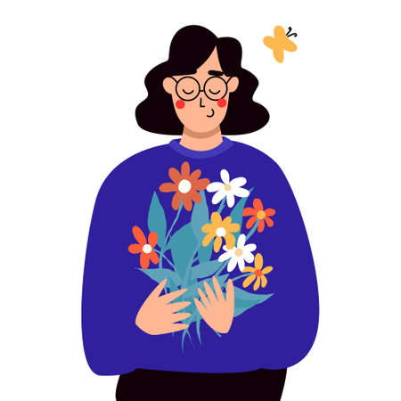 a cute girl holds a bouquet of wildflowers in her hands. gift flowers, a gift from a loverのイラスト素材