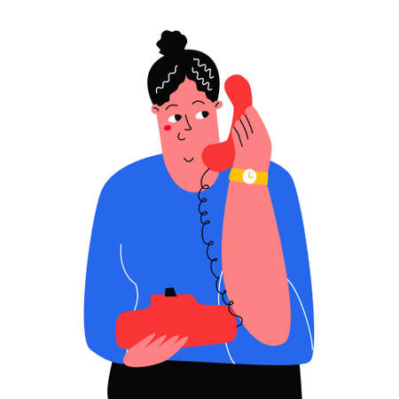 a woman is holding a landline phone. a woman is talking on the phone. cute vector characterのイラスト素材