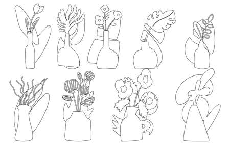 a large set of vases with flowers drawn by hand with a contour, linear vases and flowersのイラスト素材