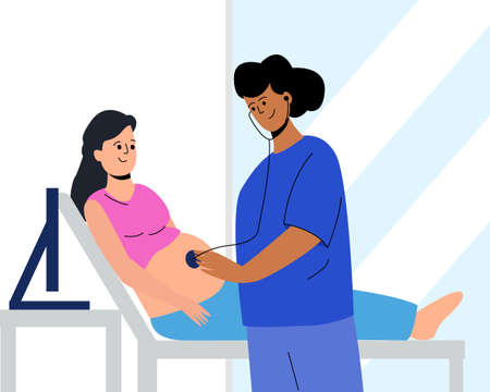 A midwife examines a pregnant woman. The doctor listens to the babys heartbeat. A pregnant woman is being examined. Scheduled medical examination. A woman is lying on a couchのイラスト素材