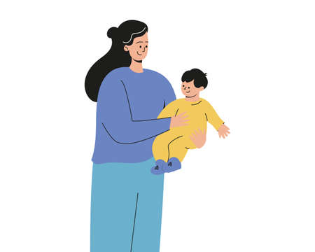 A woman is holding a small child in her arms. Mother and son, a child in their arms. Mom holds the baby. Vector illustrationのイラスト素材
