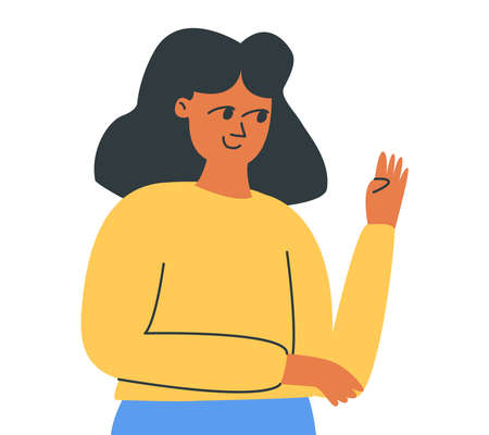 A cute girl waves her hand, greeting. A brunette girl with a raised hand looks awayのイラスト素材