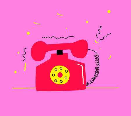 The landline phone is hand-drawn in the doodle style. Vintage phone. Vector illustrationのイラスト素材