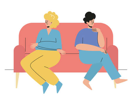 A man and a woman are sitting with their backs to each other. The couple quarreled, offended, insulted man. A couple of friends don't talk to each other. A man and a woman are sitting apart on the sofa.のイラスト素材
