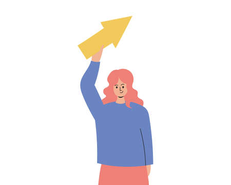 The girl is holding a large arrow in her hands. Development concept, business growth. Female office clerk, personal growth. Work progress, an infographic elementのイラスト素材