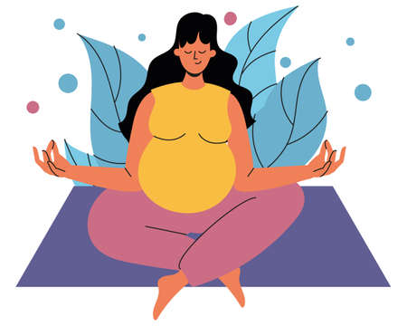 A pregnant woman is sitting on a rug in the lotus position. A pregnant woman is sitting with her eyes closed against the background of foliage. The concept of harmony, tranquility and mental healthのイラスト素材