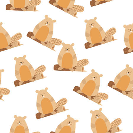 Vector seamless pattern with beavers. Childrens pattern for clothing, print, packaging. Cute beaver is sitting on a tree.のイラスト素材