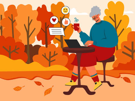 A sweet grandmother is sitting in the park with a laptop, an elderly woman is chatting on social networks. Modern grandmother, Internet communication.のイラスト素材