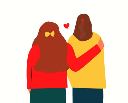 A girl hugs a friend, two girls stand with their backs. Close friends, two girls meet, are friends.のイラスト素材