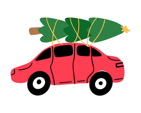 Cartoon vector illustration of a red car with a Christmas tree on top. Christmas tree by car. New Years cardのイラスト素材