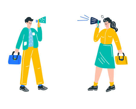 Cartoon vector illustration of a man and a woman talking through a megaphoneのイラスト素材