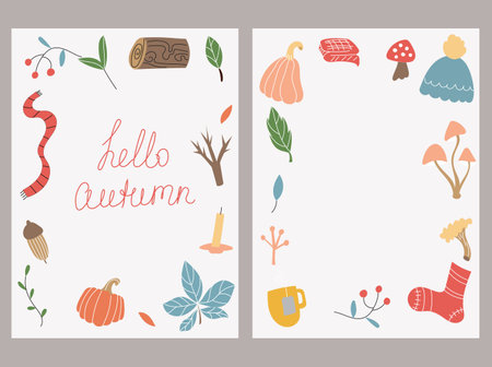 vector autumn frame with the inscription hello autumn, autumn elements and an empty space. Autumn postcardsのイラスト素材