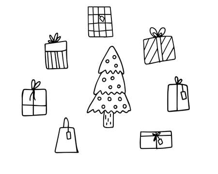 A set of Christmas gifts. gifts with a black outline. Gifts around the Christmas tree. New Years set of stickers, iconsのイラスト素材