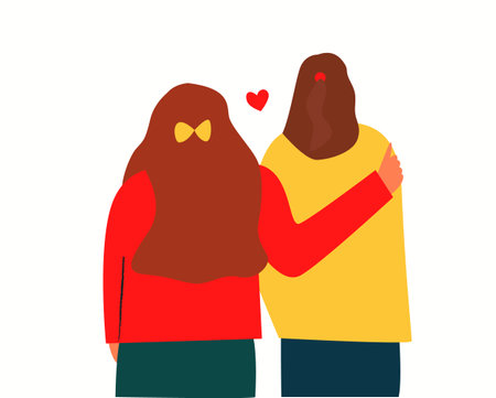 Two girls hug. The girls are standing with their backs, a same-sex couple in love. Female friendshipのイラスト素材