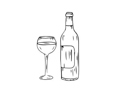 Bottle and wine glass with black outlineのイラスト素材