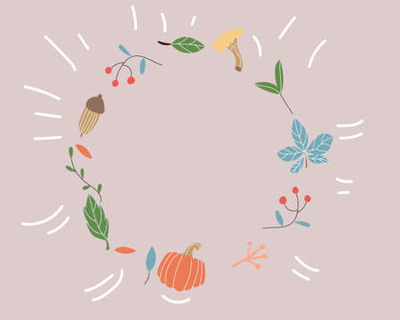 Wreath of autumn elements, autumn doodlesのイラスト素材