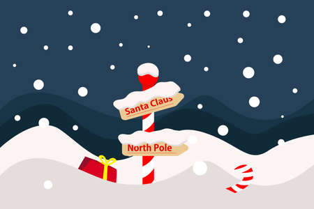The north pole pointer. The pointer of Santas house in the snow, the pole pointer. A gift in the snow, a winter landscape. Christmas Flat Illustrationのイラスト素材