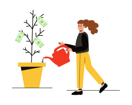The girl grows a coin tree. A woman waters a money tree. A girl with a watering can in her hands.のイラスト素材