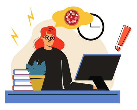A tired woman is sitting at work. A woman dreams of pizza at work. Fatigue, emotional burnout. A woman is sitting on a computer, a workplaceのイラスト素材