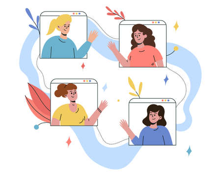 The company of girls communicates by video. Group of friends, online communication. Vector illustrationのイラスト素材