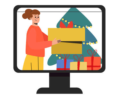 A girl gives a gift for the new year. A woman with a gift box in her hands. Gives a gift through the computer screen. Christmas tree on the background. Vector illustrationのイラスト素材