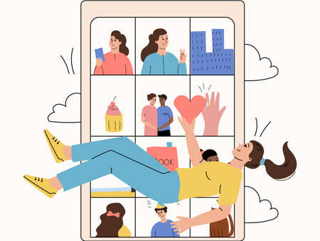 The girl looks at photos on social networks. Social media feed. Vector illustration